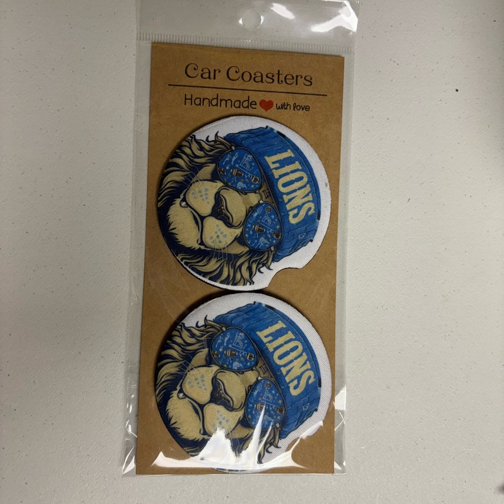 Handmade Lion Car Coasters - Blue and White